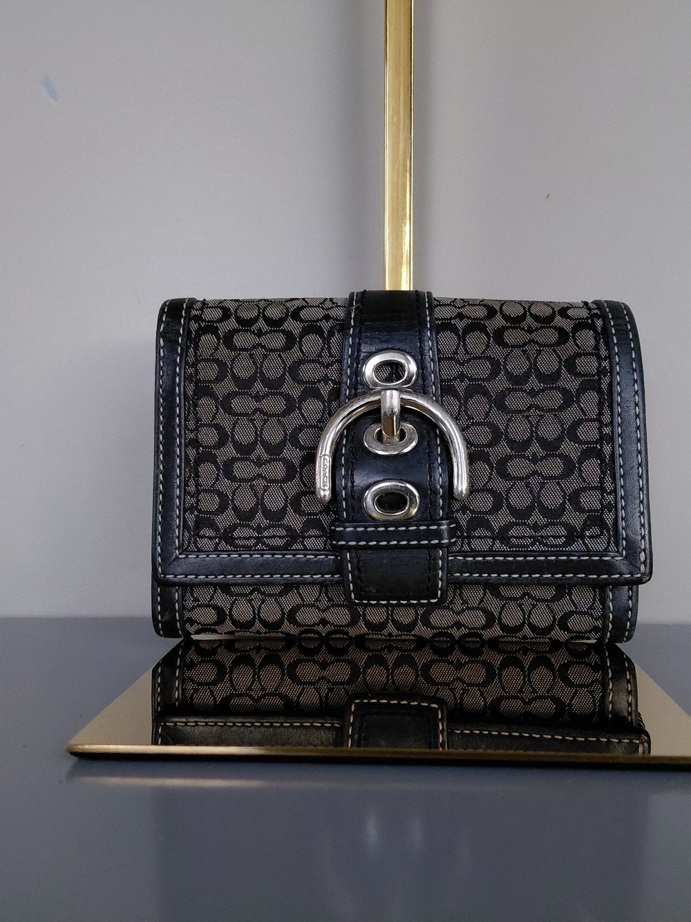 Coach Silver Black Signature Canvas Turnlock Wallet